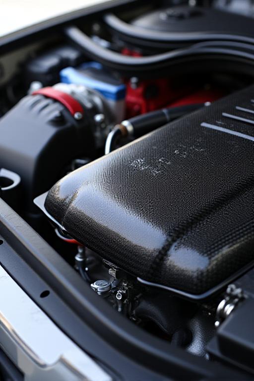 Detailed shot of an Audi RS3 engine bay, featuring a performance carbon fibre intake system and polished components.