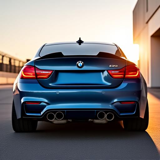 Rear view of a highly modified BMW M4 with custom titanium exhaust tips and diffuser, parked elegantly.