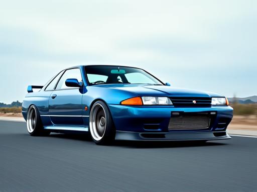 A classic Nissan Skyline GT-R, lowered on custom suspension components, with aftermarket wheels in a dynamic side profile.